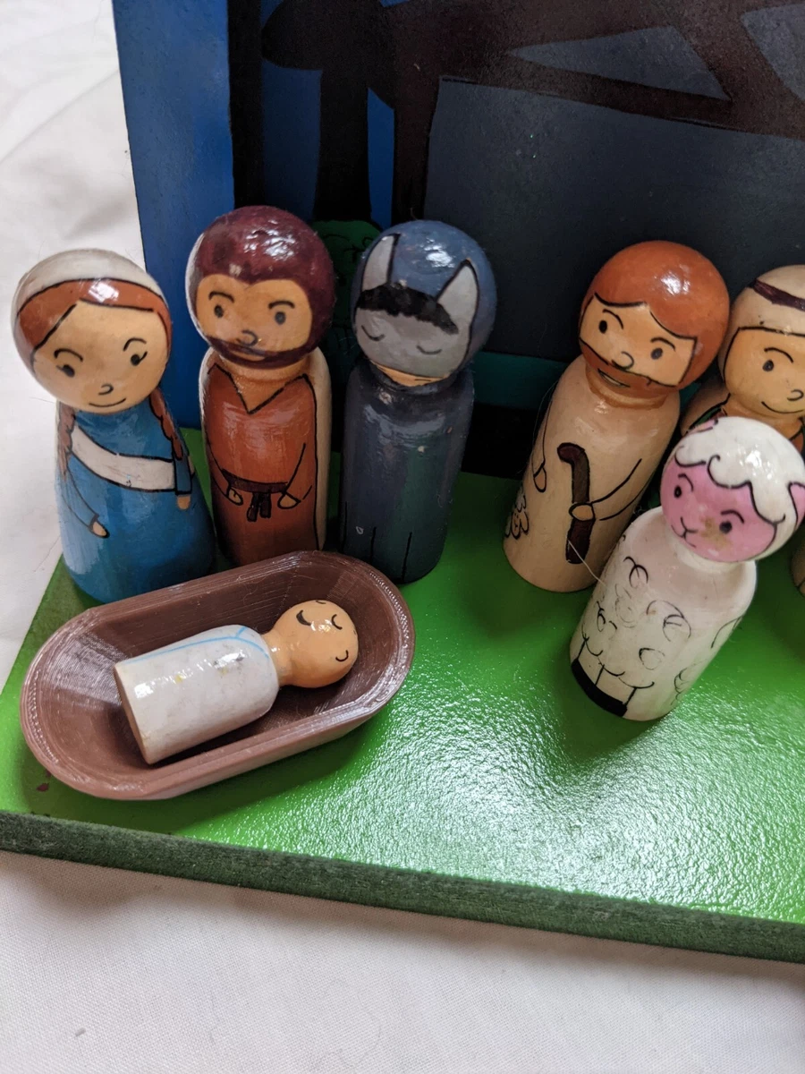 Wooden peg dolls and stand Christmas Nativity hand painted