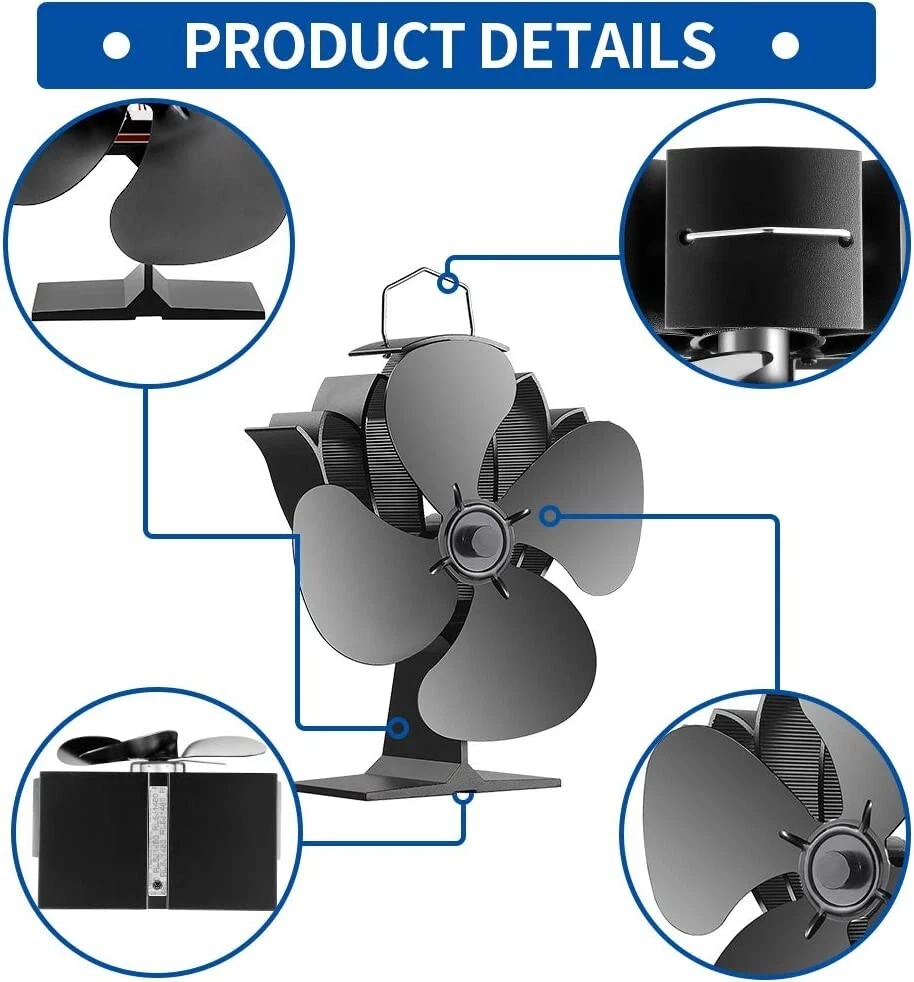 Bluesea Upgrade 4 Blade Heat Powered Eco Friendly Wood Stove and Fireplace  Fan | eBay