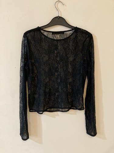 Zara Black Lace Sheer Long Sleeve Party Top, Gold Embellishment, Size XS, VGC - Picture 4 of 5