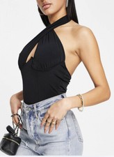 Trendyol ASOS black bodysuit with plunge halter neck detail Size 8 NWT