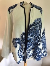 Chicos 2 100 Linen White Blue Long Jacket Blazer Large Summer Classic Elegant