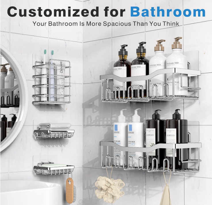 Shower Caddy 5-Pack, Adhesive Organizer, Rustproof Stainless Steel, No Drilling