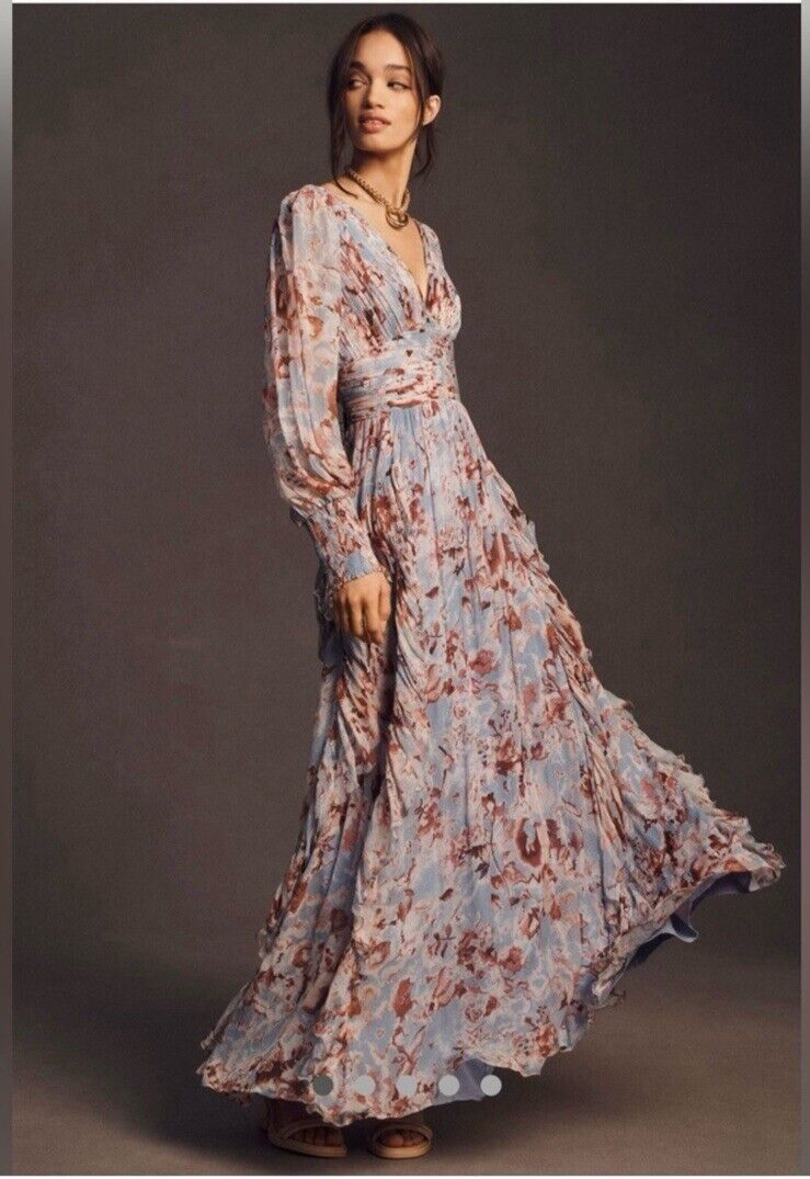 chiffon v-neck maxi dress bhldn Anthropologie Bhldn Maxi V Neck Blue Motif Chiffon Gown XL