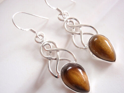Tiger Eye Earrings 925 Sterling Silver Dangle Drop Double Infinity New 7.5ct - Picture 1 of 1