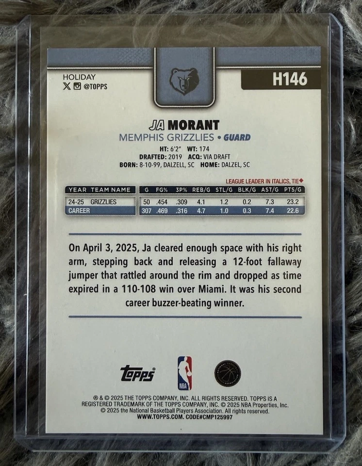 2025-2026 Topps Holiday - Ja Morant Gold Glitter - 1/1 #H146 - Image 2 of 2