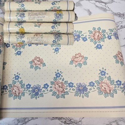Vtg 1990's Cottagecore Floral Wallpaper Border Prepasted Washable (4) 15' Rolls