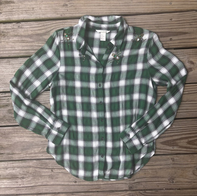 H&M Women's Green/White Plaid Button-Up, Beaded Insect Detail 10