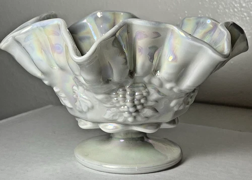 Vintage 1970s Westmoreland Candy Dish Mother of Pearl Grapes Milk Glass Pedestal