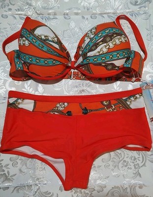 Stylish NWT Bikini Set Size Large Orange Gold Teal Chain Link Boy Short...