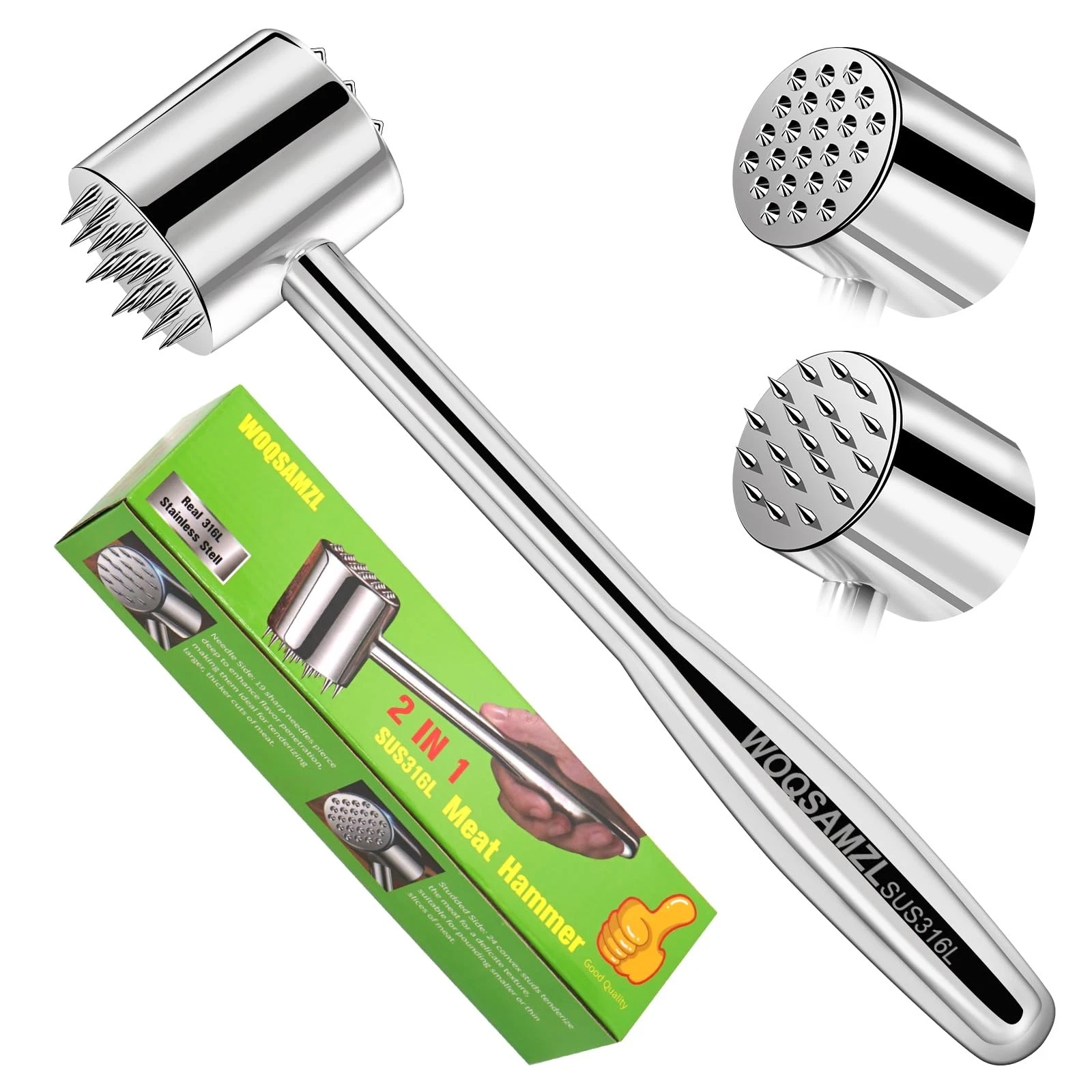 2-in-1 Real 316L Stainless Steel Meat Tenderizer Mallet Hammer, Professional ...
