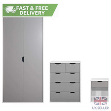 Kids Bedroom Furniture Set 3 Piece White Grey Wardrobe Chest Bedside Unit