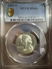1953 S PCGS MS66 Washington 90% Silver Quarter 25¢