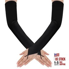 Long Fingerless Gloves,Black Satin Gloves for Bridal Wedding Party Goth Punk
