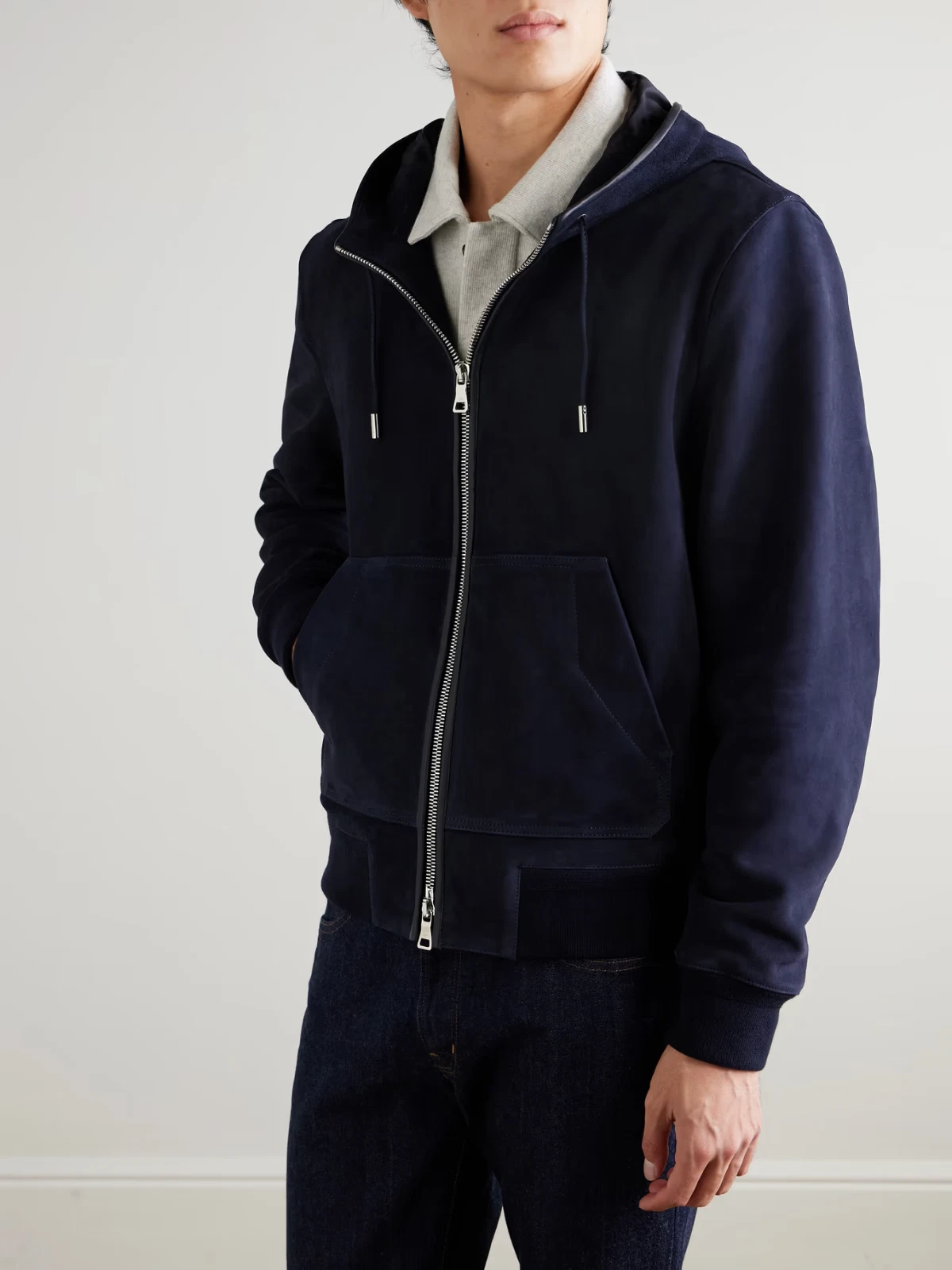 Navy Blue Leather Jacket Men Pure Suede Hooded Bomber Size S M L XL XXL CM