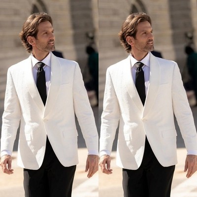 Men White Seersucker Suits Shawl Lapel Jacket Summer Casual Wear Regular Fit