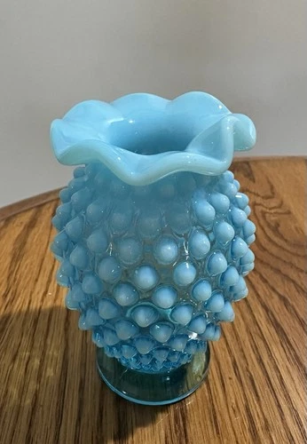 Vintage Fenton Hobnail Small 3 1/2 In. Opalescent Blue Ruffled Vase