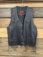 Vtg Hot Leathers V-Neck Biker Vest Size 4XL Black Leather with Laces
