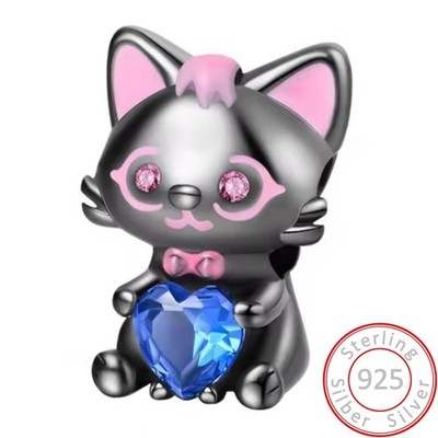 Charms Anhänger schwarze Katze Herz rosa Charm Damen Armband 925 Sterling Silber