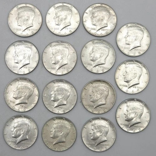 (Lot Of 15) 1969-D Kennedy Half Dollar 40% Silver BU/AU Uncirculated Coins