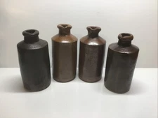 Antique 4 Piece Stoneware Master Ink Bottle Lot With Pour Spouts.