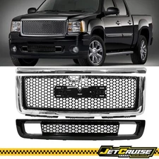 Fits 07-13 Sierra 1500 Gloss Black Hood Molding + Upper + Lower Grill