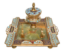 Tintenfass ca. 1860 Bronze Champlevé Emaille Frankreich