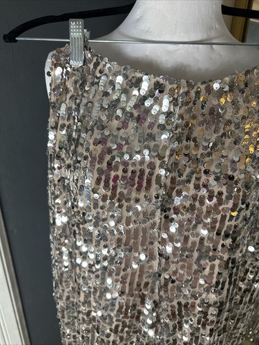 Zara Womens Sequin Bell Bottom Flare High Waisted Nude Pants XS Preowned Silver - Picture 3 of 9