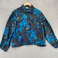 Chicos Jacket Women Large Blue Multi Metallic Floral Silk Linen Pockets Button