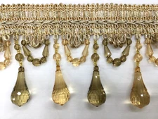 (Sold by The Yard)  3 3/4” Tear Drop Beaded Trim Fringe Gimp Top/ Amber & Green