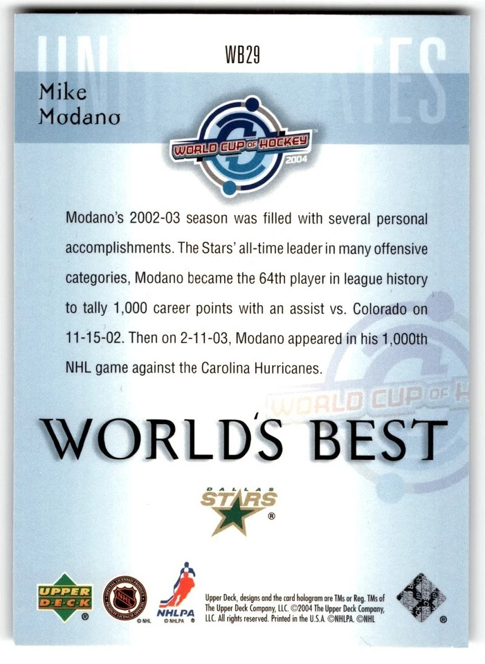 2004-05 Upper Deck World's Best Mike Modano #WB29 Dallas Stars - Image 2 of 2