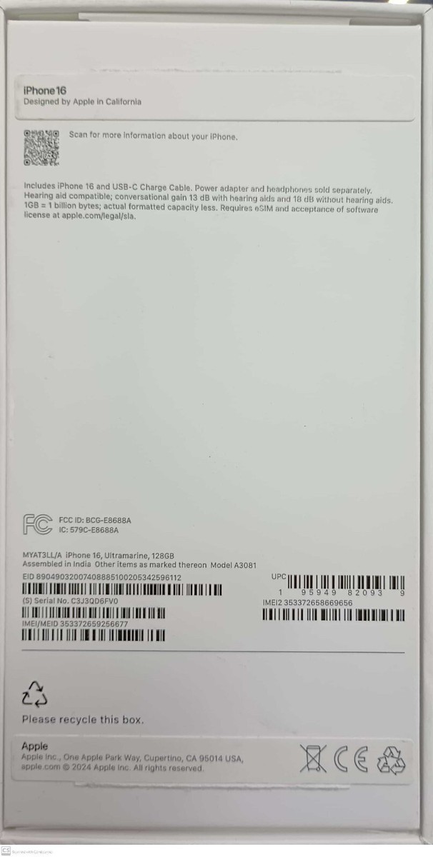 Original Apple Empty Box iPhone 16 Ultramarine (No accessories