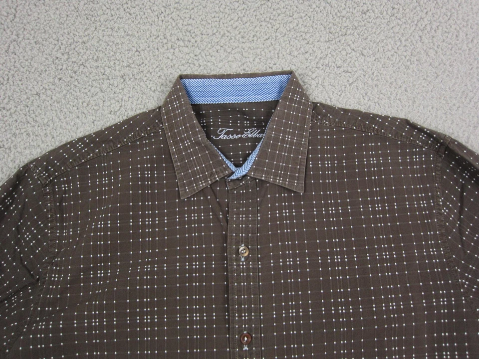 Camisa Tasso Elba Adulto Grande Marrón Blanco Puño Abatible Botones Lunares Para Hombres Foto 2 de 4