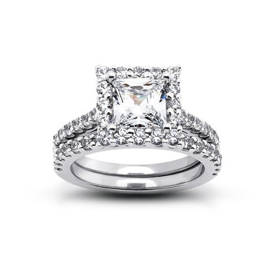 3 1/4ct G VS1 Princess Natural Certified Diamonds Plat Halo Matching Bridal Set
