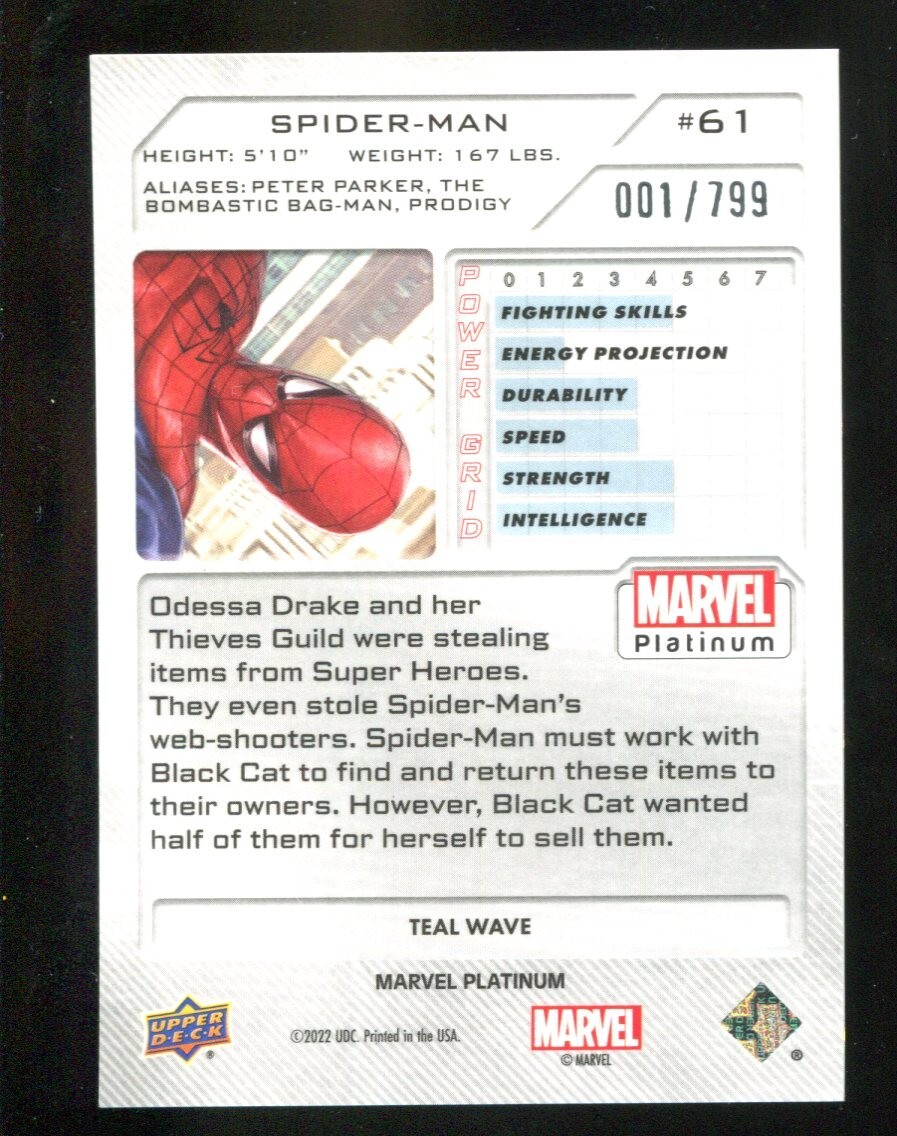 Spider-man 2023 Upper Deck Marvel Platinum Teal Wave 001/799 #61
