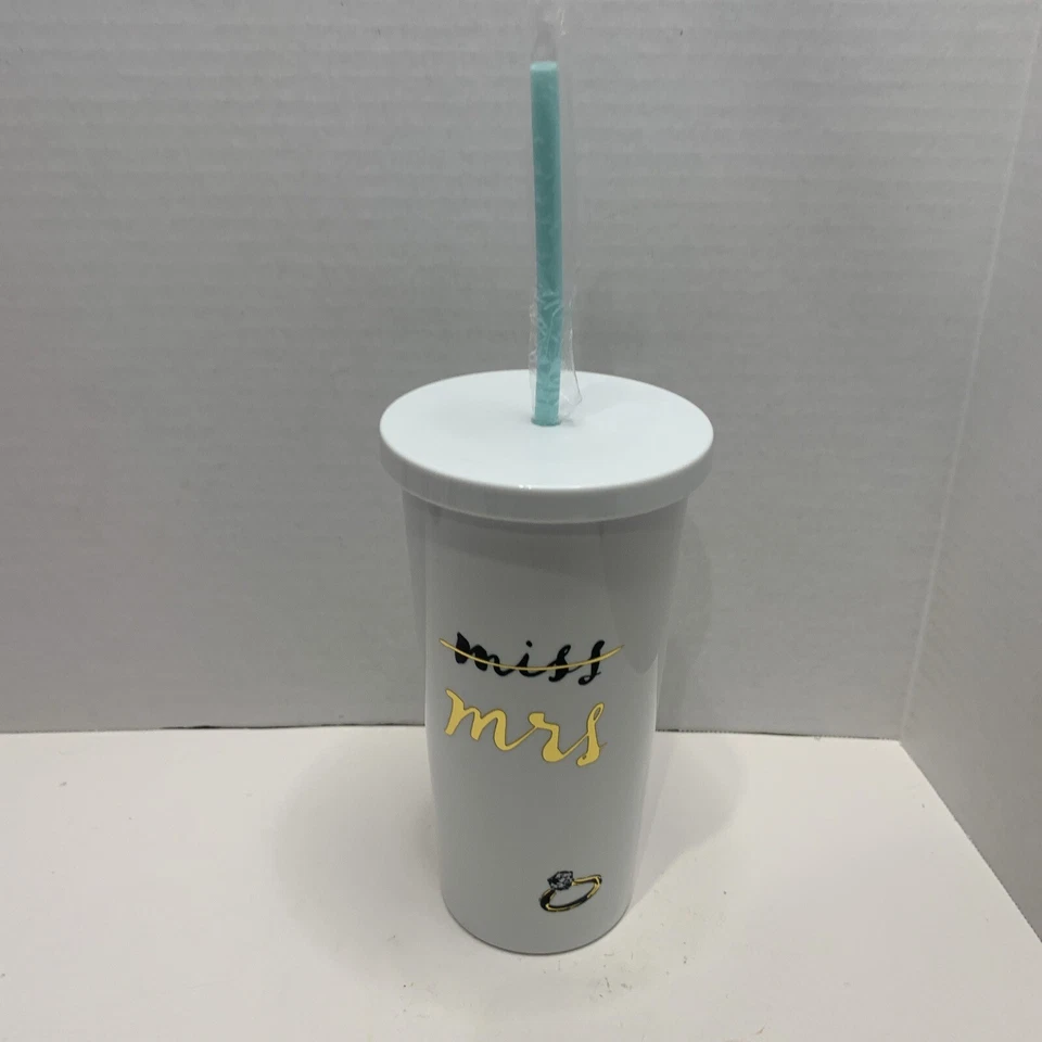 Vaso Kate Spade aislado Miss-Mrs Travel Go Cup 20 OZ blanco nuevo compromiso Foto 2 de 4