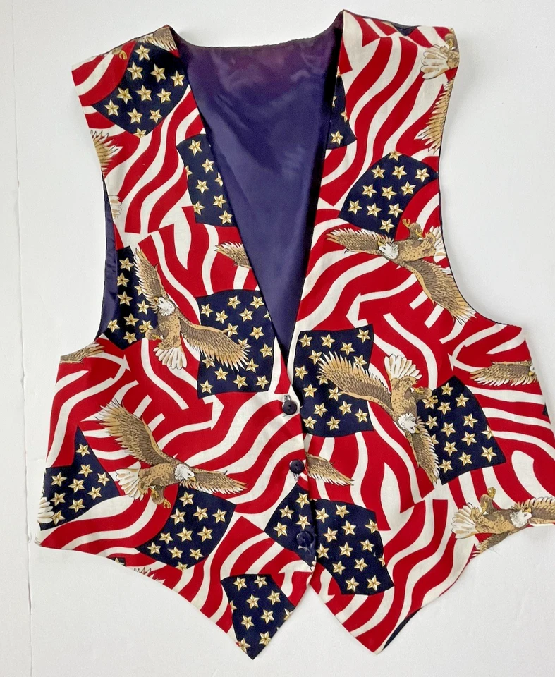 Vintage Vest American Flag Patriotic 4th of July Cotton Front Satin Back Tie XL - Image 3 of 4