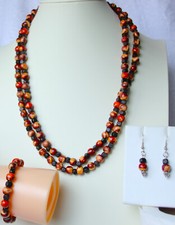 Matching set, round painted wood beads, necklace, earrings and stretchy bracelet