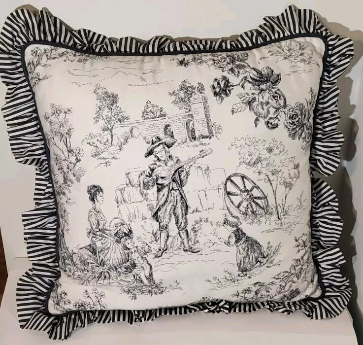 Almohada de campo francesa para baño negro blanco picnic familiar 18" a rayas (2) Foto 3 de 4