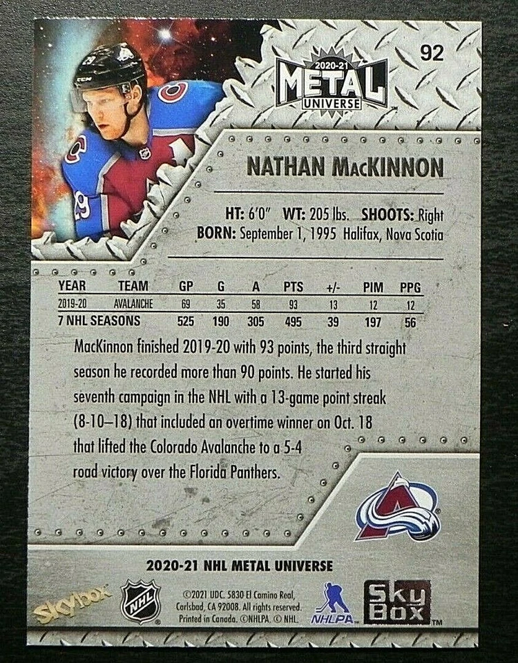 2020-21 20/21 Skybox Metal Universe #92 Nathan MacKinnon Colorado Avalanche - Image 2 of 2