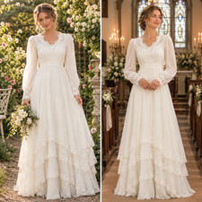 Vintage 1980s Prairie Wedding Dress Edwardian Organza Lace Bridal Gown Tiered