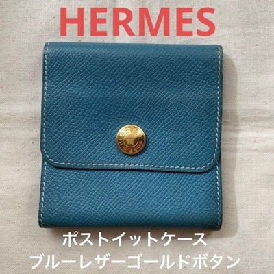 HERMES Hermes Blue Leather Gold Button Post-it Note Case #d1f8cf