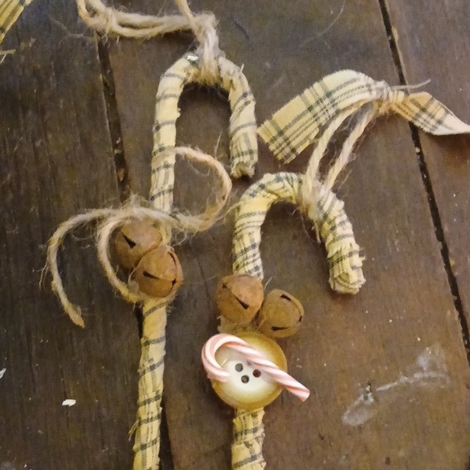 Handmade Rustic Plaid Candy Cane Ornaments with Bells & Buttons Set of 2