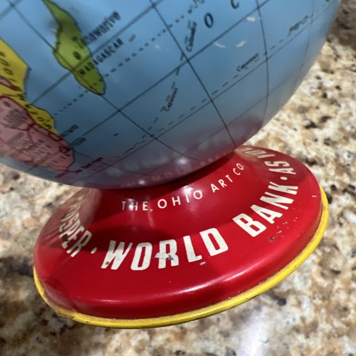 VINTAGE 4" TIN GLOBE WORLD MAP COIN BANK THE OHIO ART CO RARE VERSION FREE SHIP - Picture 10 of 16