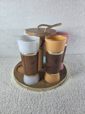 Vintage Mid-Century 1960s Siesta Ware Tiki Wood Frosted Glass Set of 5 + Holder