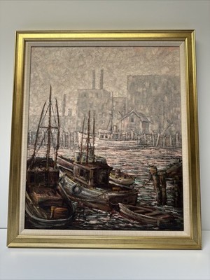 Coastal Impressionist Painting Nautical Beach Boats Marina American Roger Upton