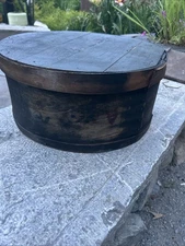 Vtg Primitive Hand Made Round Wood Pantry Box Cheese Box 16" X 8” WITH IMAGING