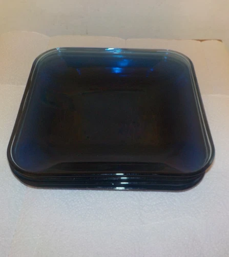FOUR  Anchor Hocking Rio Coastal Blue Glass Square 9" LUNCH Plates
