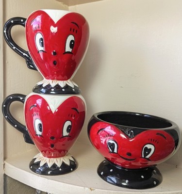 3 Set Johanna Parker Valentines 2 Heart Cups & Candy Dish Anthropomorphic Retro