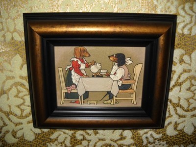DRESSED DACHSHUND DOGS HAVE COFFEE 3 X 4 blk/copper frame Victorian style print