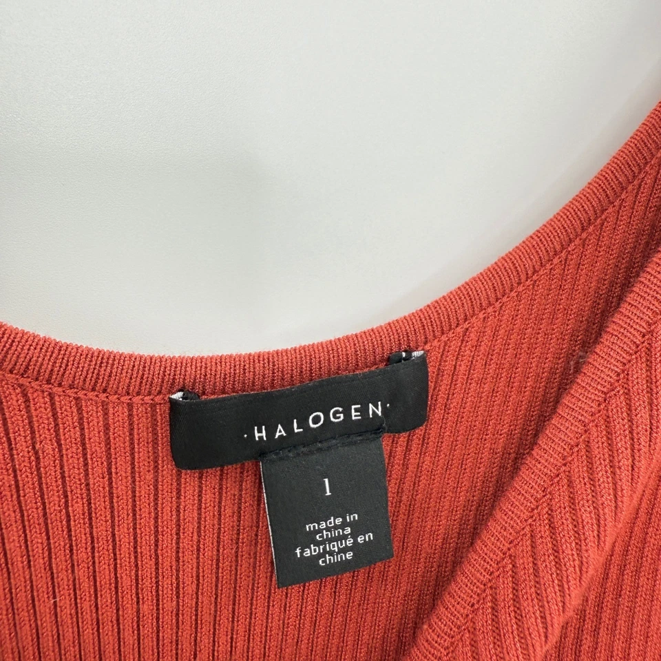 Halogen Flutter Sleeve Ribbed Knit Top Rust Orange V-Neck Blouse Sz L Fallcore - Image 3 of 4